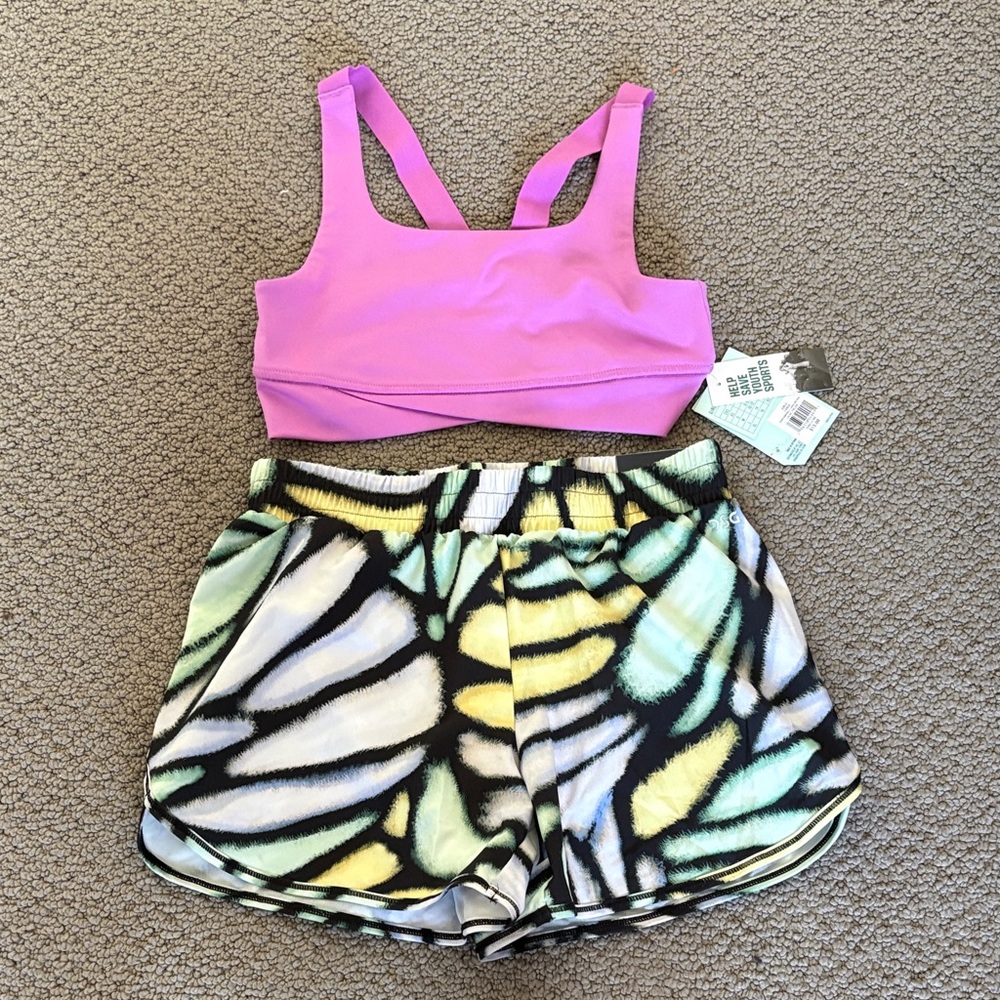 DSG Girls Pink Sports Tank Top with Multicolor Butterfly Print Shorts